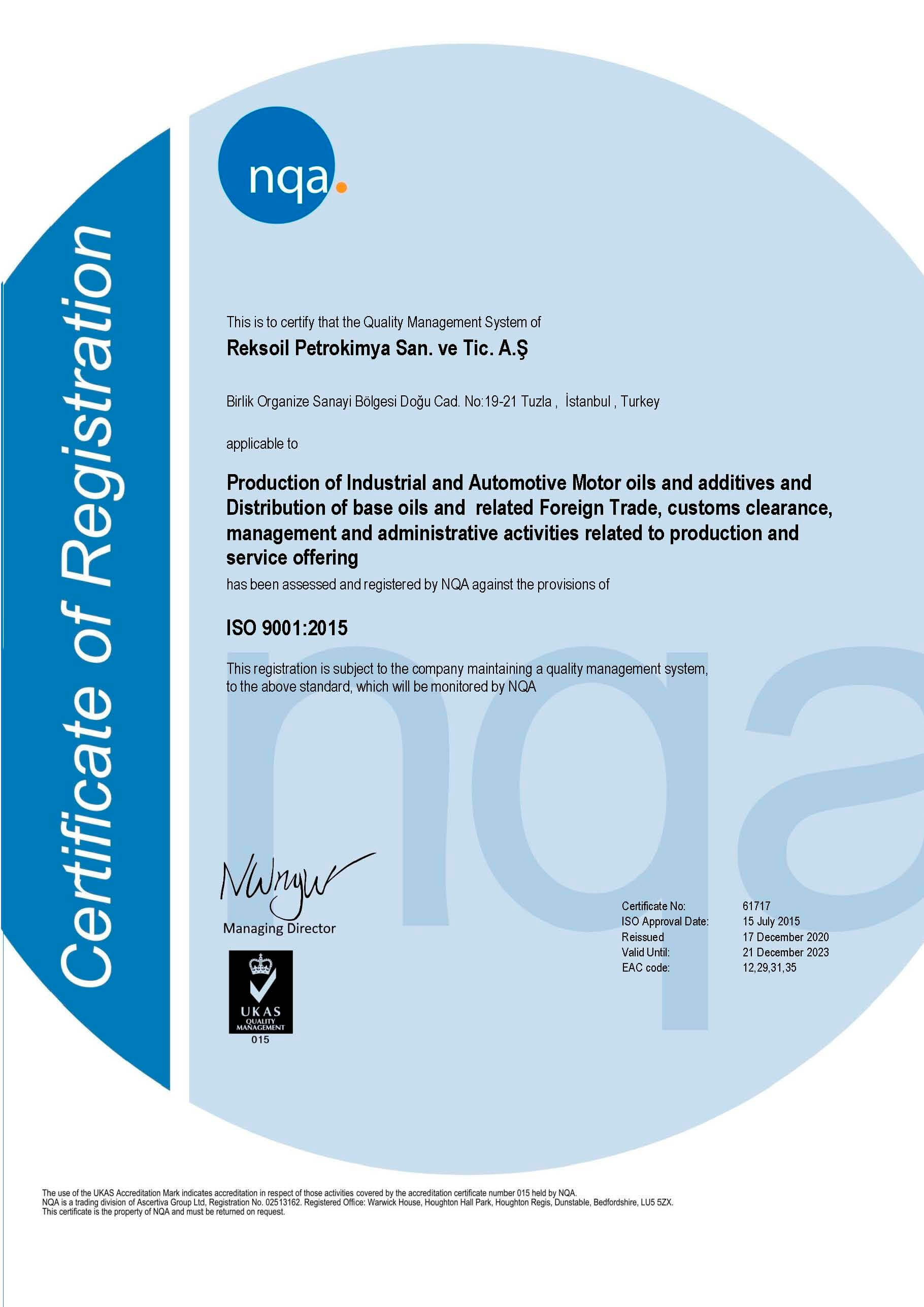 Certificate APEX ISO-9001