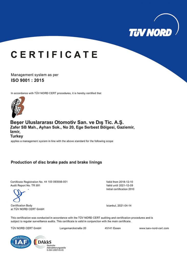 Certificate BESER ISO 9001