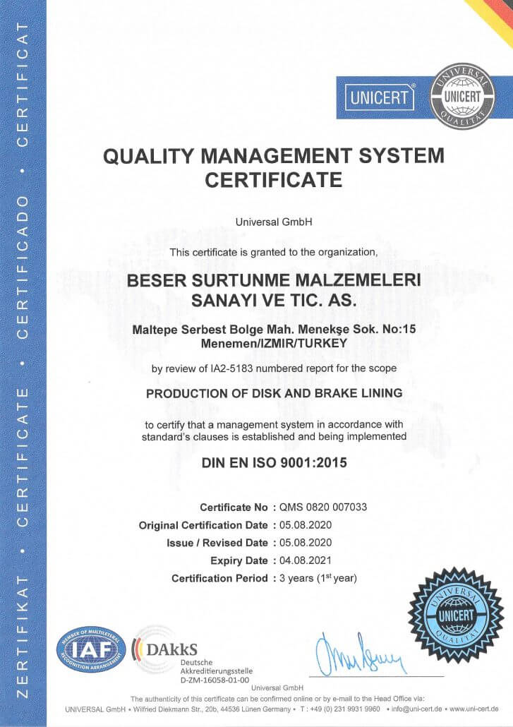 Certificate BESER Quality