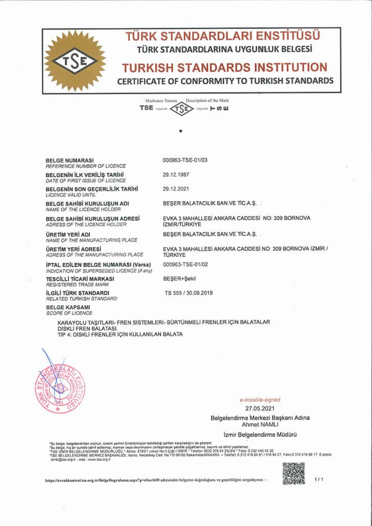Certificate BESER Turkish Standarts