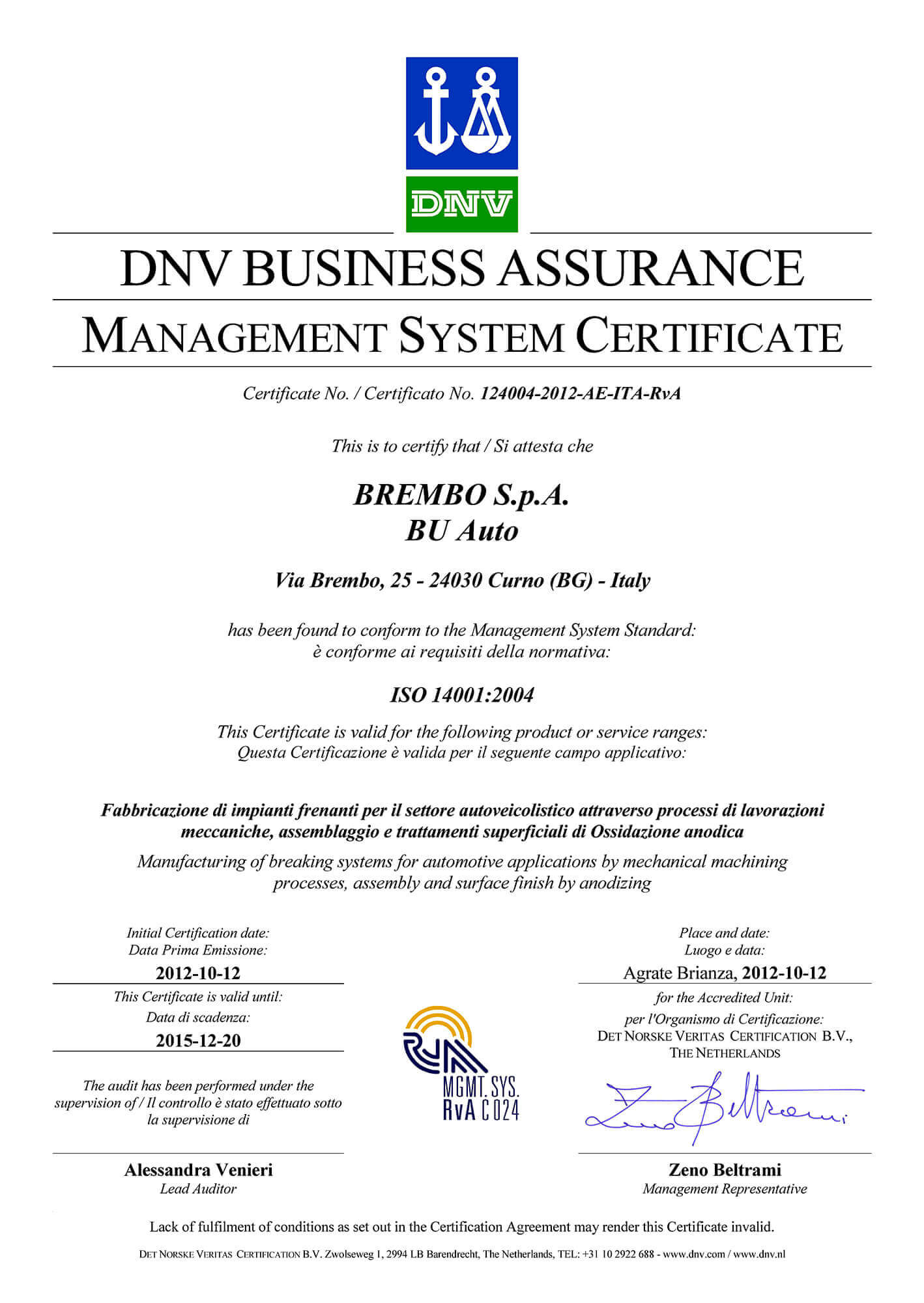 Certificate BREMBO ISO 14001