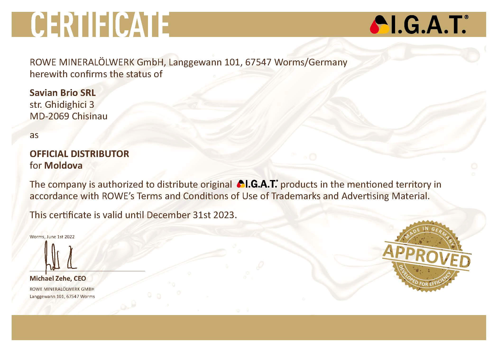 Certificate IGAT Official Distributor
