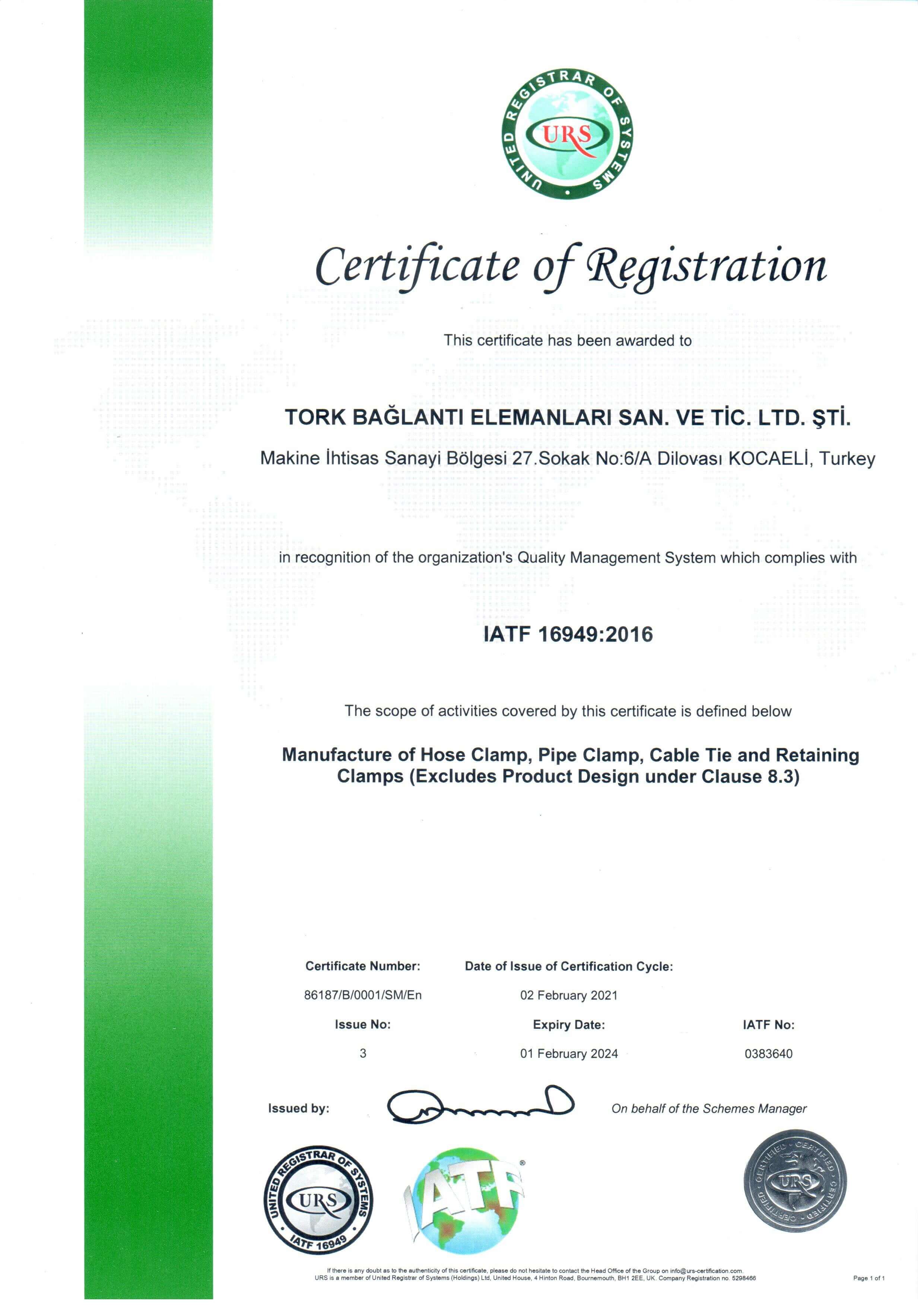 Certificate TORK ISO 16949