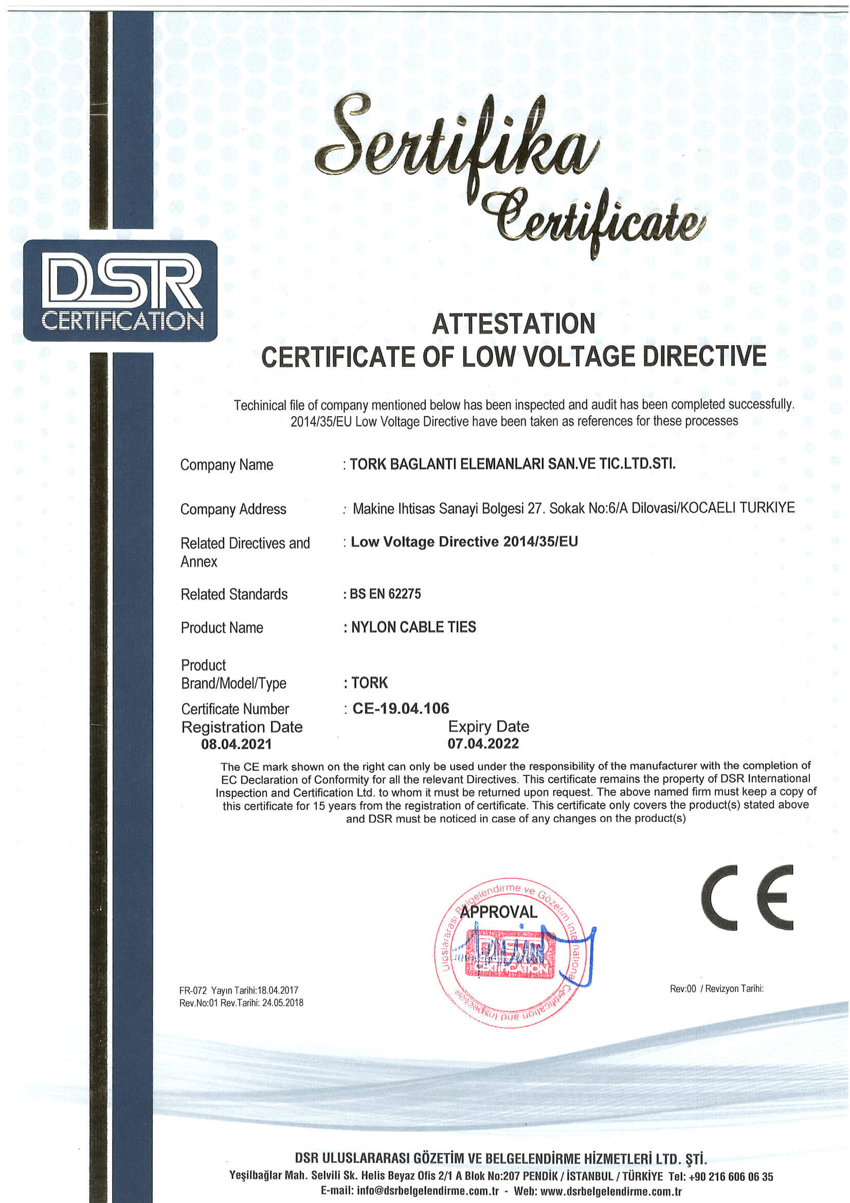 Certificate TORK Low Voltage